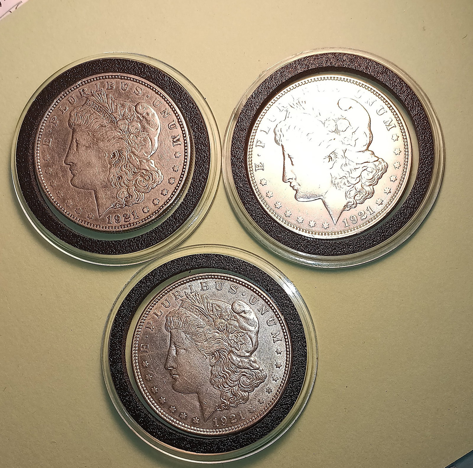 Three 1921 Morgan Silver Dollars Denver, Denver, Philadelphia Mint (1 of 6)