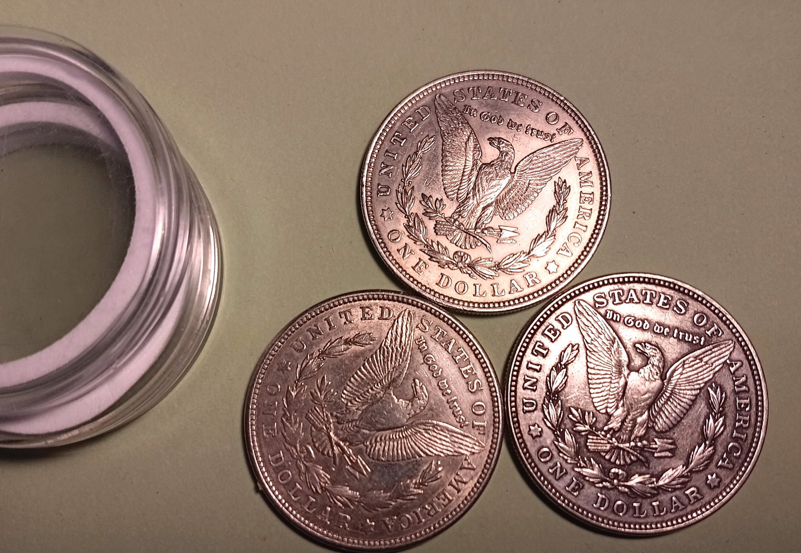 Three Morgan Silver Dollars 1921 Philadelphia Mint: 90% silver.
