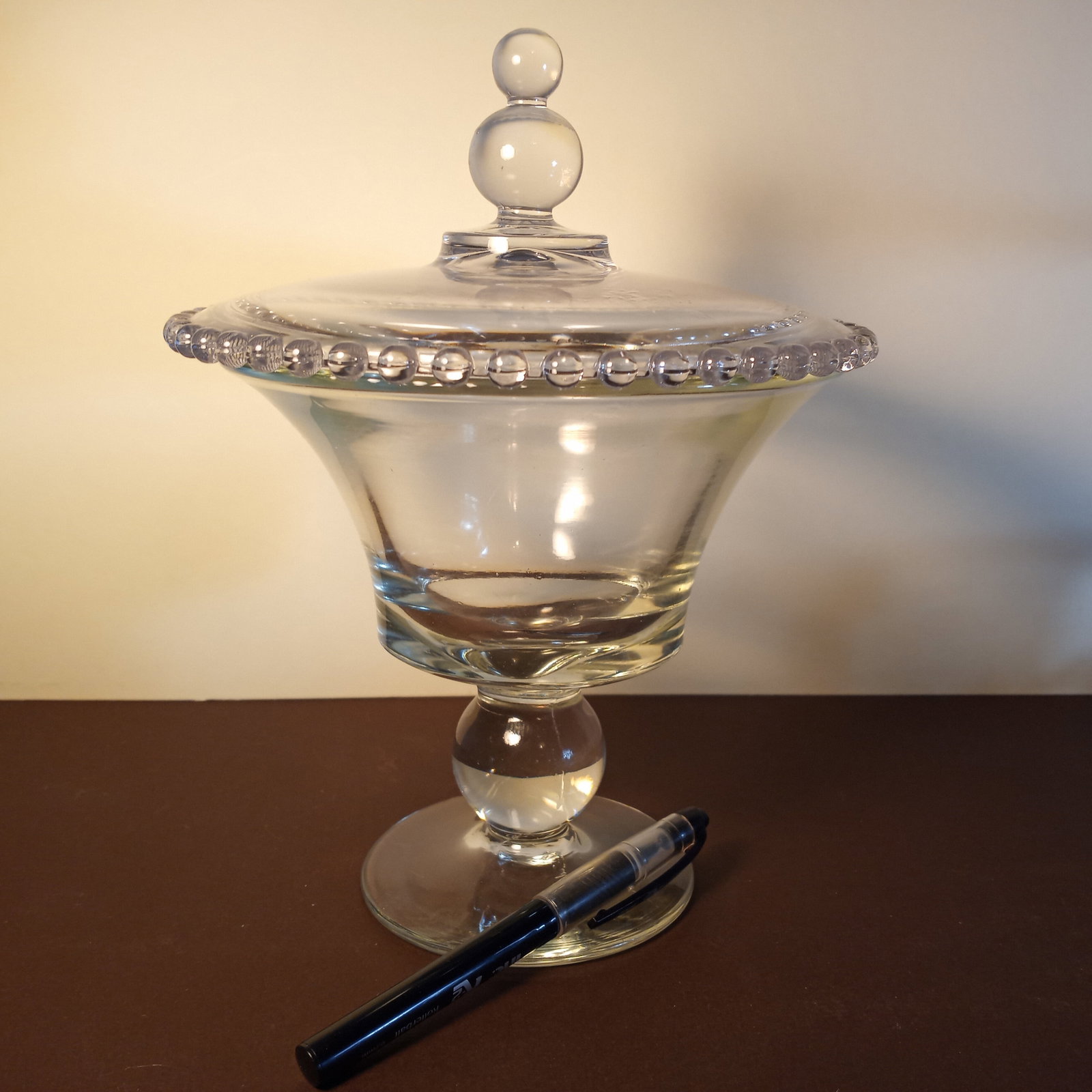 Vintage American Glass Large Heavy Lidded Compote / Bon Bon Jar Candlewick: About 7 inches x 7 inches. No chips cracks or scratches. Could be a Candlewick pattern.
