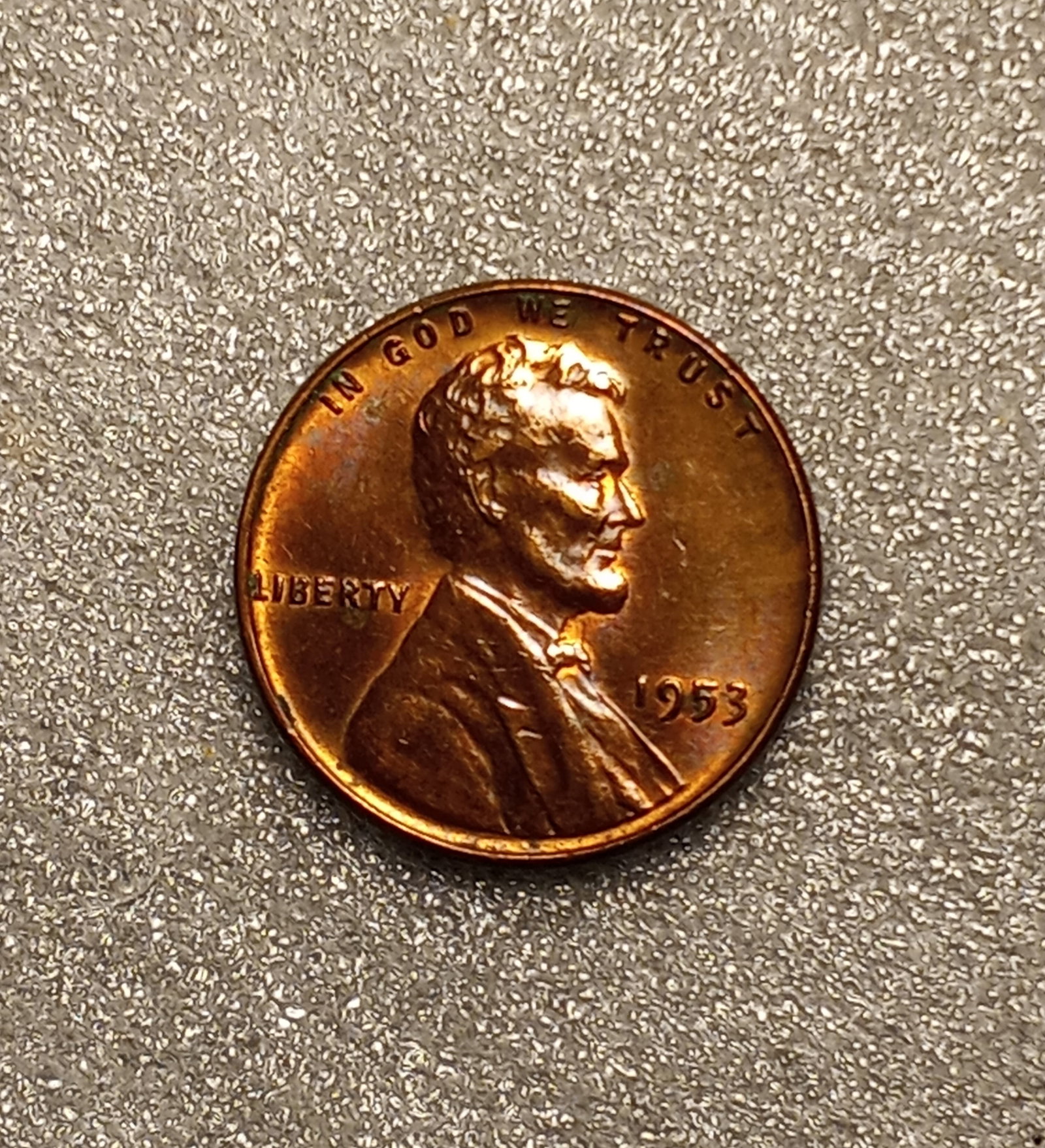 1953 Lincoln Wheat Penny Toning: Proof-like coin. Red/Brown/Purple toning.