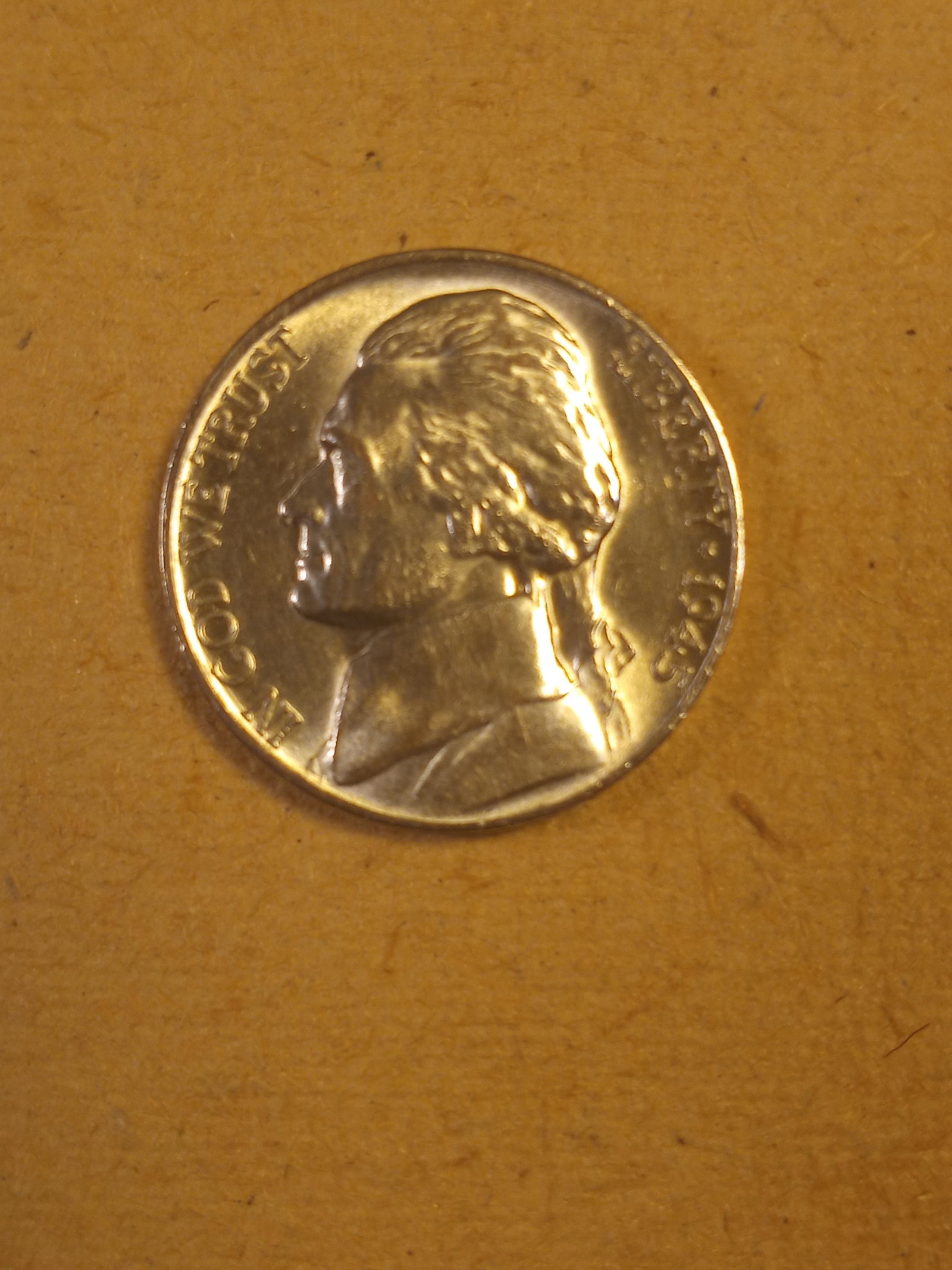1945 P Jefferson Wartime Nickel Uncirculated: Bold strike. Ungraded-uncirculated. From a Bradenton, Florida estate collection.
