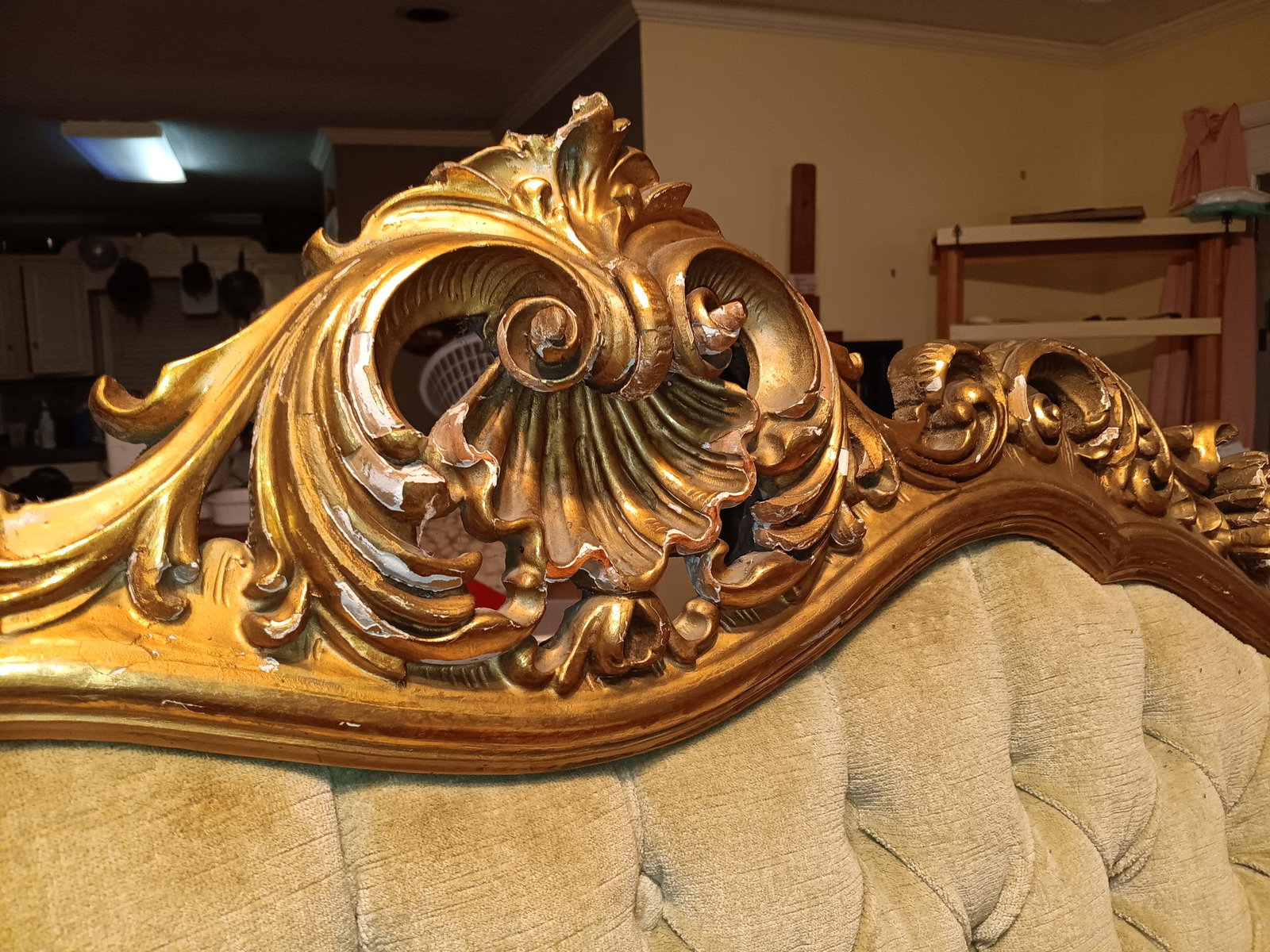 Hand Carved and Gilt Italian Queen Sized Bed: Comes with foot board, side rails and slats. Delivery and set up available within ca 50 mile radius of 36576.