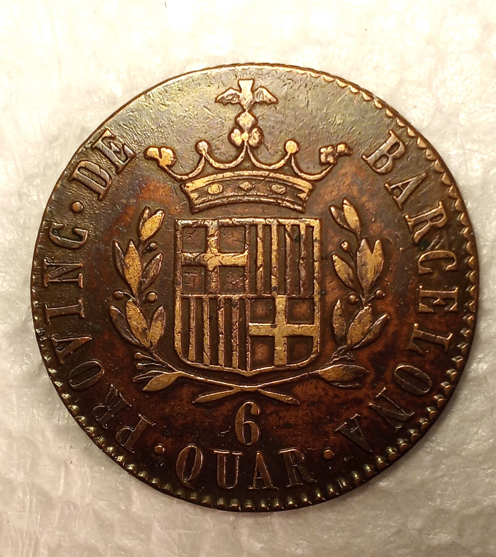1823 Spanish Barcelona 6 Quartos Coin Scarce: Not often found in such fine condition. Remarkable coin. Copper.
