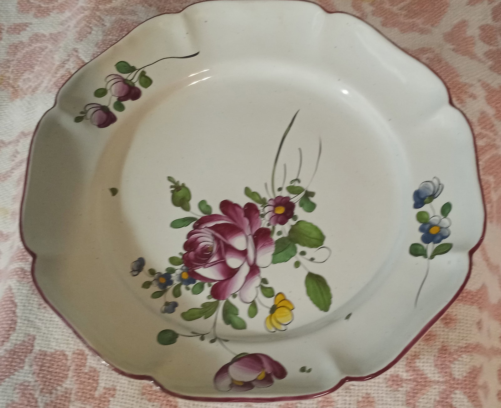 Antique French Hand-enameled Bone Porcelain Plate.: Cottage industry manufacture. Made in the Quimper region of France.