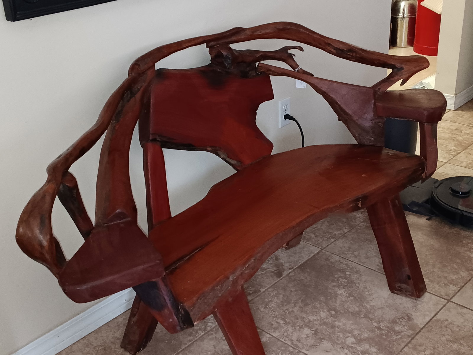 Circa 1970 Tropical Mango Wood Bench: Solid wood tropical wood bench. Hand-hewn. No issues or repairs.