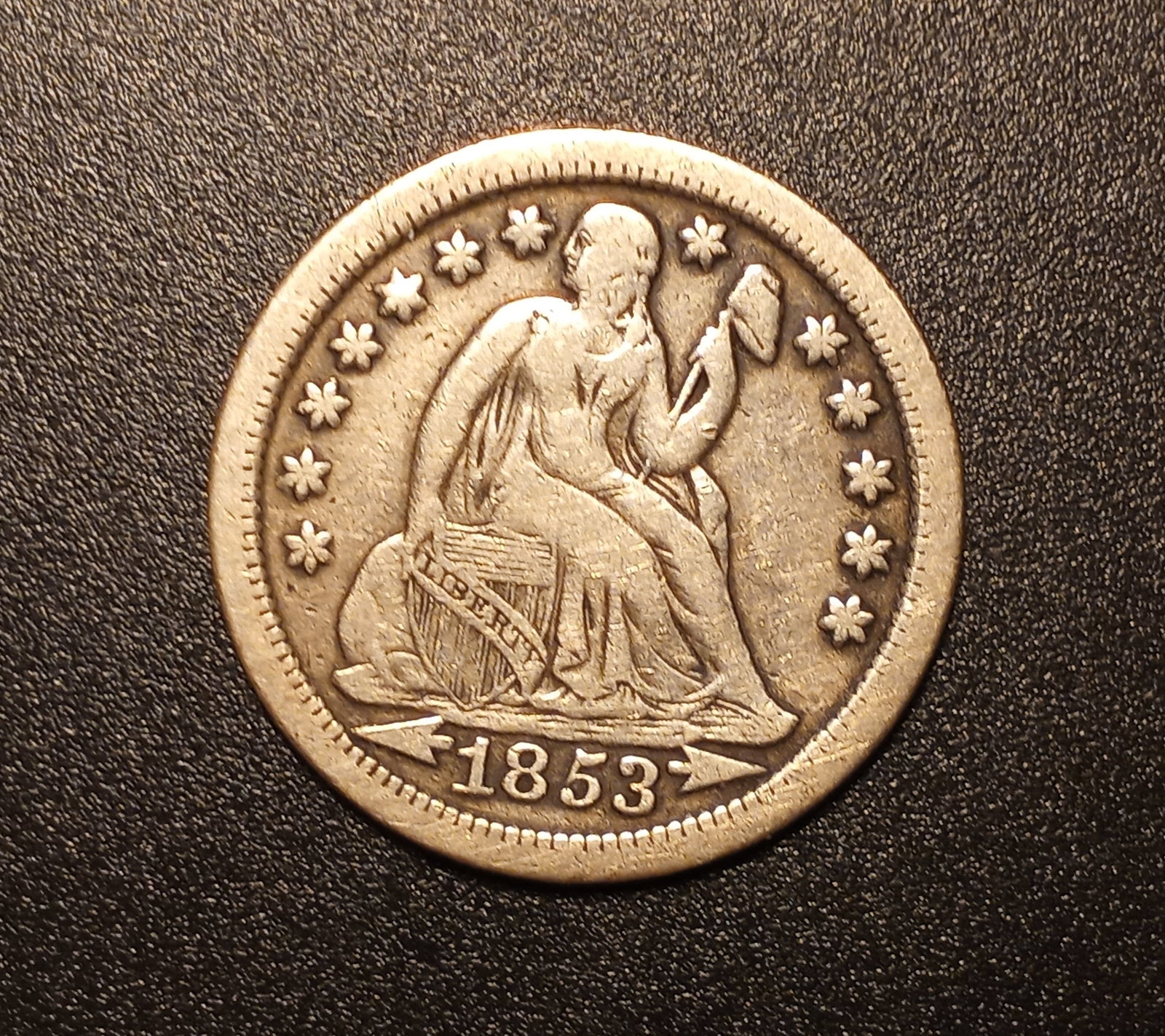 1853 American Seated Liberty Silver Dime: With arrows. 90% silver.