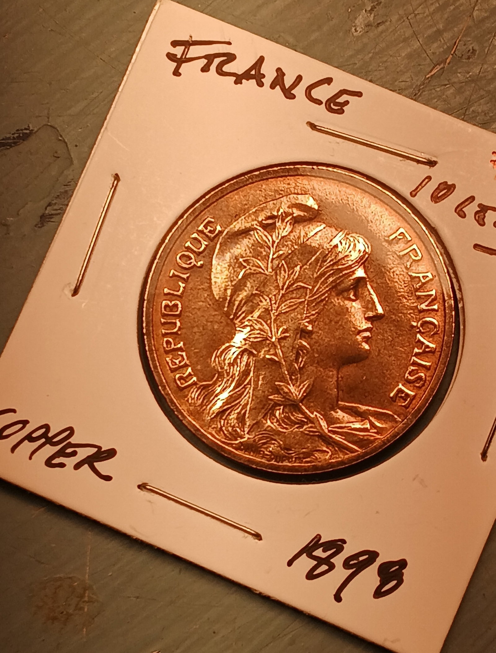 1898 10 Centimes French Large Copper Coin: Gem of a coin. Red.