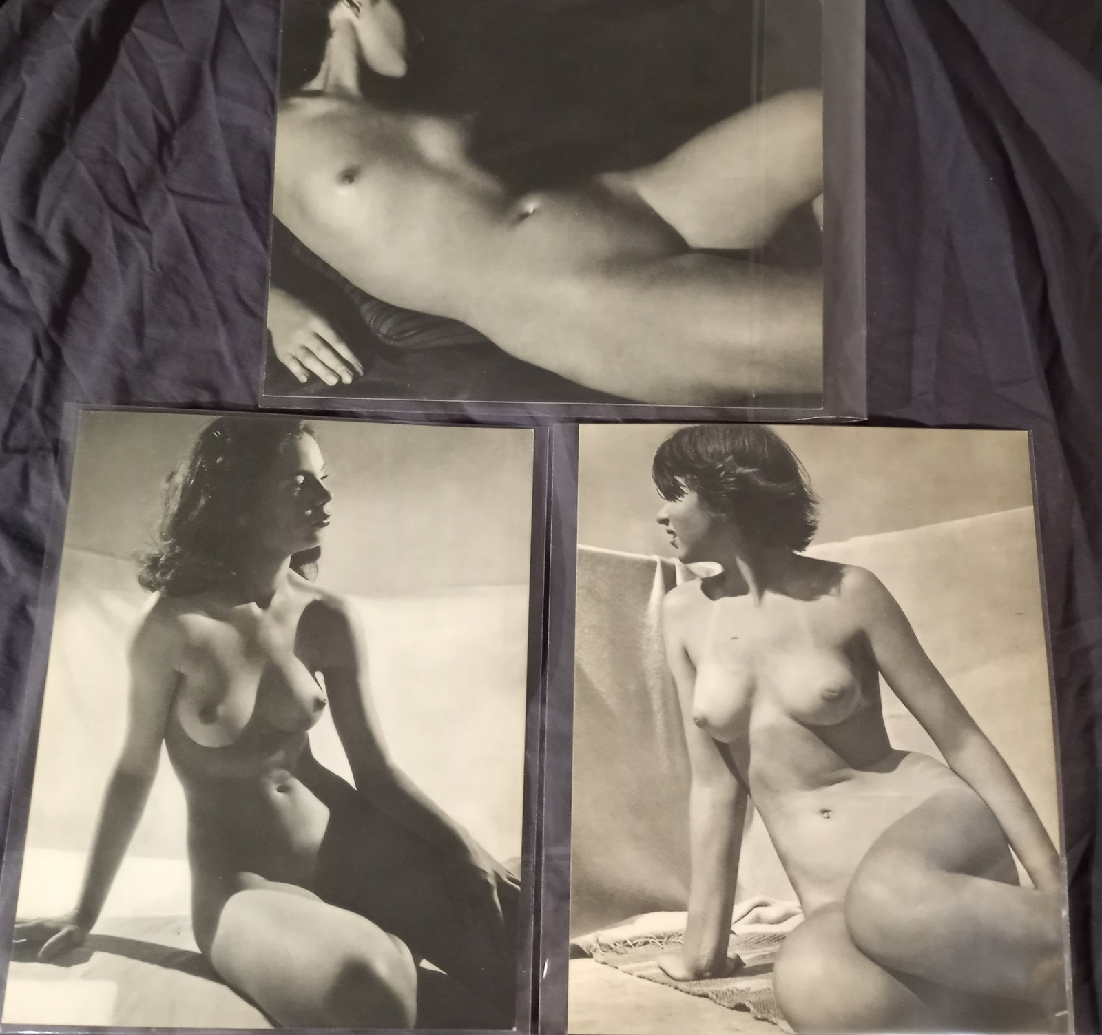 Three 1930's French Nude Black White Art Photographs: Beautiful. Tasteful. Probably the photographic work of Erwin Marton 1912-1968. Ca 12 x 10 inches. Portfolio cover shown in photos no longer available. Only the two photographs are offered in this lot.