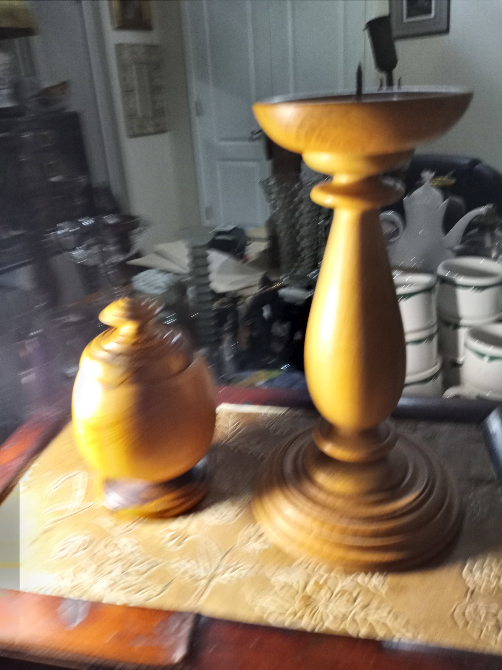 Pair Vintage Signed Olive Wood Candlestick and Match Safe/Holder Italian/German (1 of 5)