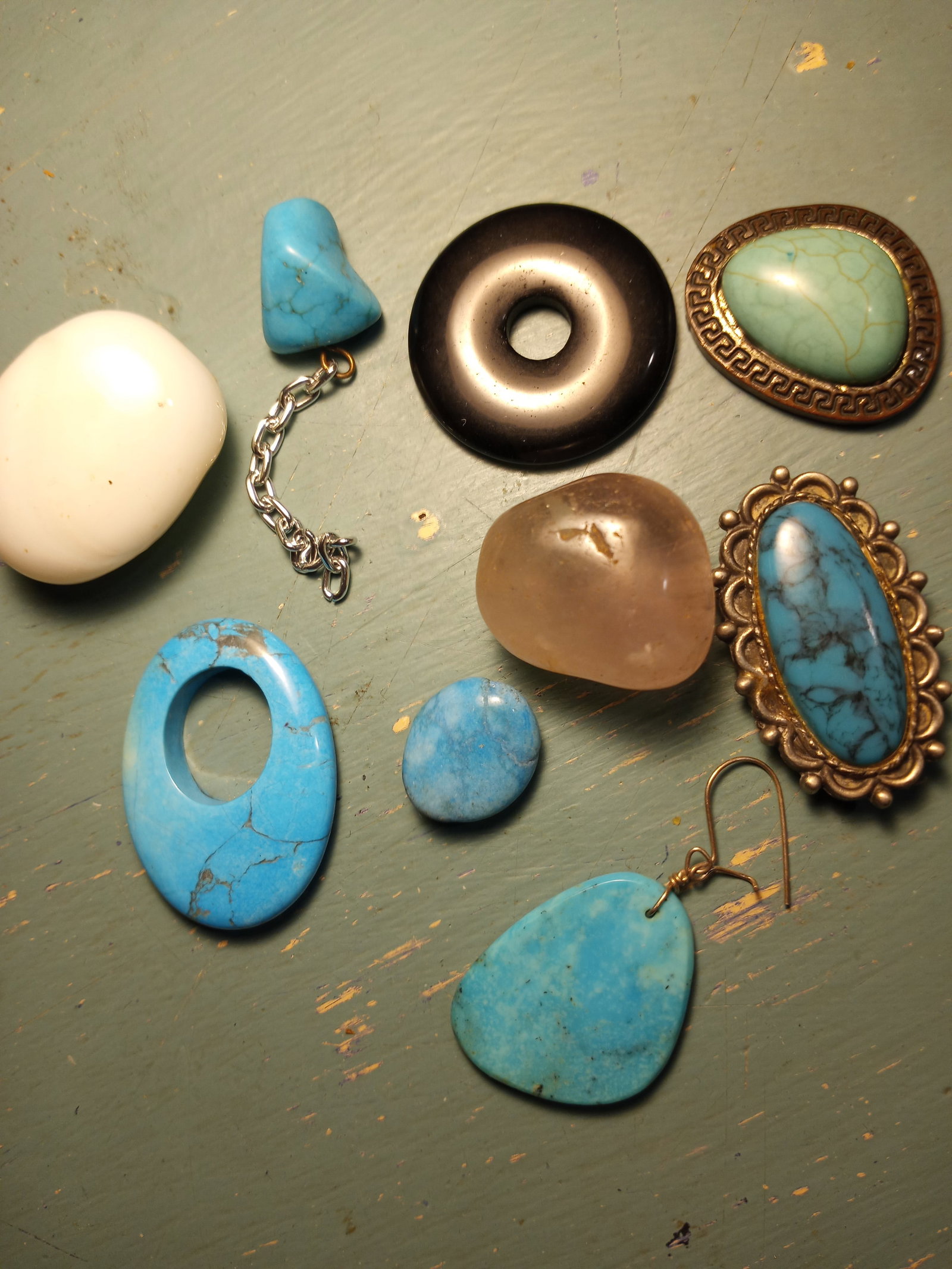Lot of Turquoise and Some Such Items for Jewelry Making: Turquoises, a black coral disk. Also, a big rose quartz nugget.