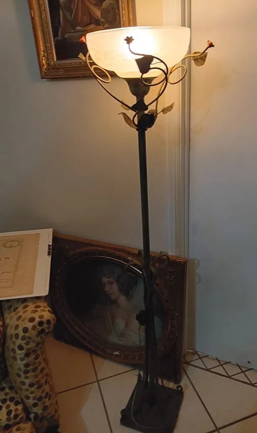 Gorgeous Antique Tole Standing Floor Lamp: Heavy metal with weighted plinth. Has a push button on/off floor switch. Works fine. Five feet and six inches tall.