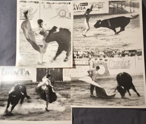 Vintage Spanish Matador 'Paquirri' Photographs Piedras Negras Bullfight: Francisco Rivera 'Paquirri' 1948-1984, daring and famous Spanish bullfighter. Gored to death in Cordoba, age 36. Appears to be enlargements from smaller photos, perhaps taken from the stands. There