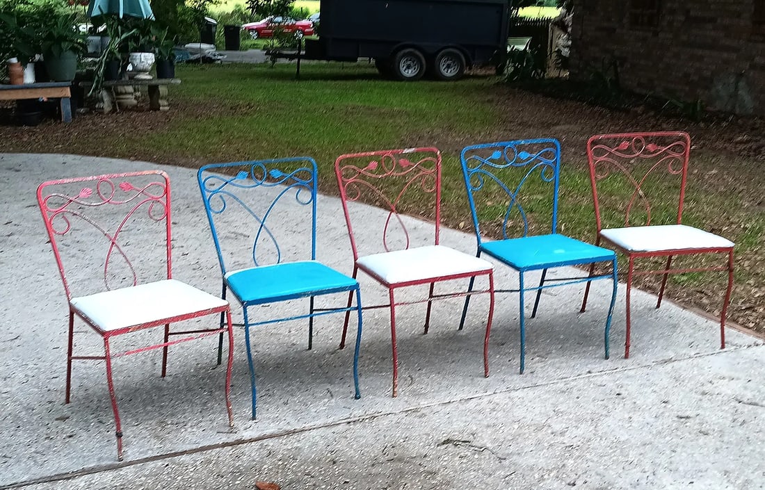 Five 1950's Patio / Ice Cream Chairs: Seats need covering and maybe your color on them. Little bit of work and you can remove the Asian junk on your patio. Pickup or regional delivery available. One has a small repair. None rickety or rus