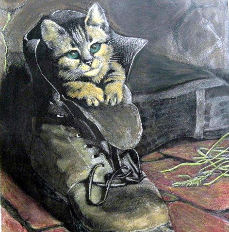Puss In Boots Famous Frank Paton Engraving: Hand colored steel engraving by English painter Frank Paton, 1855-1909. Titled Puss In Boots. Plate measures 17 x 11.5 inches. Image is 9.63 x 7.88 inches. https://en.wikipedia.org/wiki/Frank_Paton