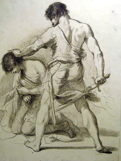 Francesco Bartolozzi b1727 Copper Plate Etching Abraham: Francesco Bartolozzi 1727-1815, Italian artist, engraver. Copper etching which appears to be an Italian classical interpretation of God's test of Abraham and Isaac by Guercino. The piece is in good co