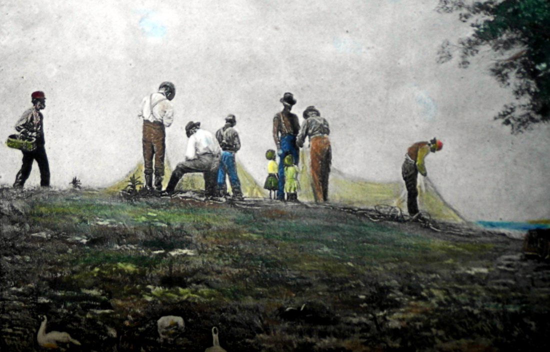 American Antique Engraving Thomas Eakins b1844: Titled 'Mending the Net'with a subtitle. https://en.wikipedia.org/wiki/Thomas_Eakins