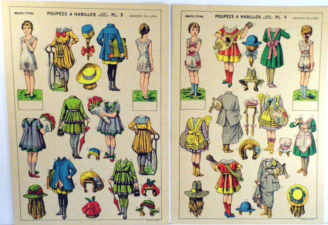 Pair Vintage Images d'Epinal Pellerin Doll Cutouts: D'Epinal Pellerin French cutout panels found in original shipping envelope. Vivid colors. Ideal for framed pair. Numbered plates 3 & 4 measure 14.4 x 10.5 inches; 13.75 x 9.25 at French line.https://e