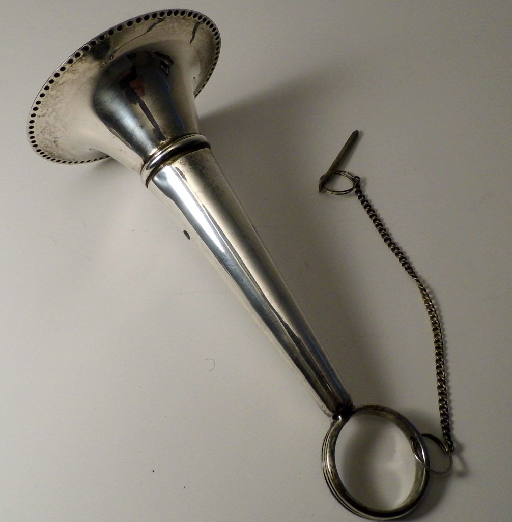 Fine Antique Silver Wedding Hand Vase Tussy Mussy: Very good condition. No dents. Strong chain with intact key/pin. Must assume silvergilt since there are no marks. Measures just over 7 inches.