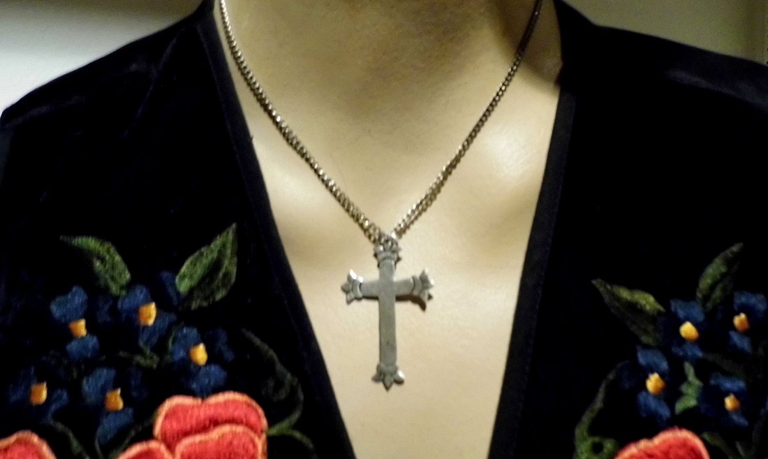 Vintage Taxco Sterling Silver Spanish Cross Pendant: Delicate but very appealing and very Spanish cross. Castilian lines. Measures 2 1/8 inches. Mark is TPW or TPN, Taxco and 925. Chain is 16 inches, newer, and steel. Early 20th century, antique status.