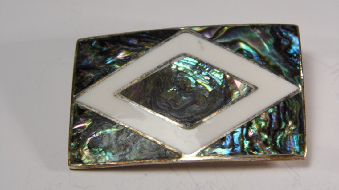 Mexican Abalone Mother of Pearl Sterling Silver Pendant: Combination pendant or brooch pin. Measures 2 inches.