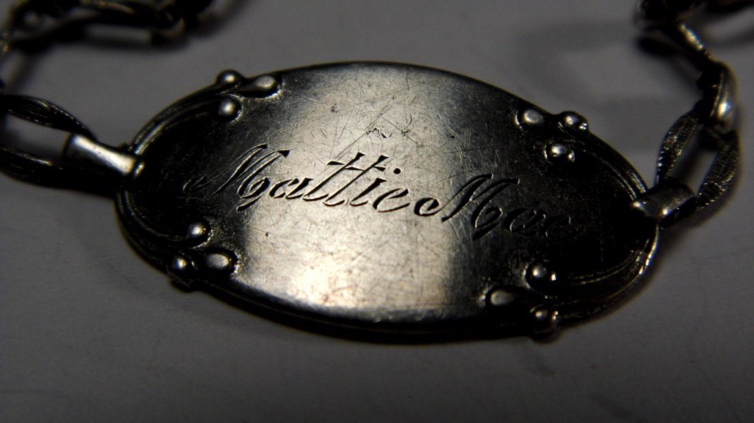 Early Forstner Sterling Silver Child's Bracelet: Measures just under 6 inches. Monogrammed Mattie Mae Garnette. Forstner and Sterling mark. Ca 1920s. Time window 5:06pm Pacific time, plus or minus 15 minutes.
