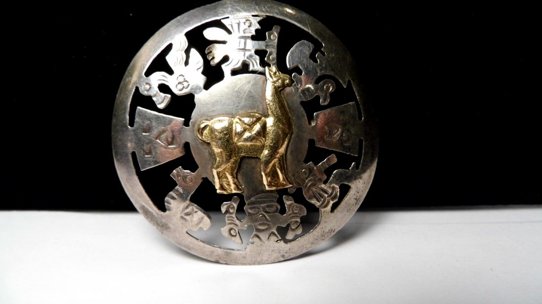 Vintage Peruvian Pendant Brooch 18 Karat Gold Sterling (1 of 5)