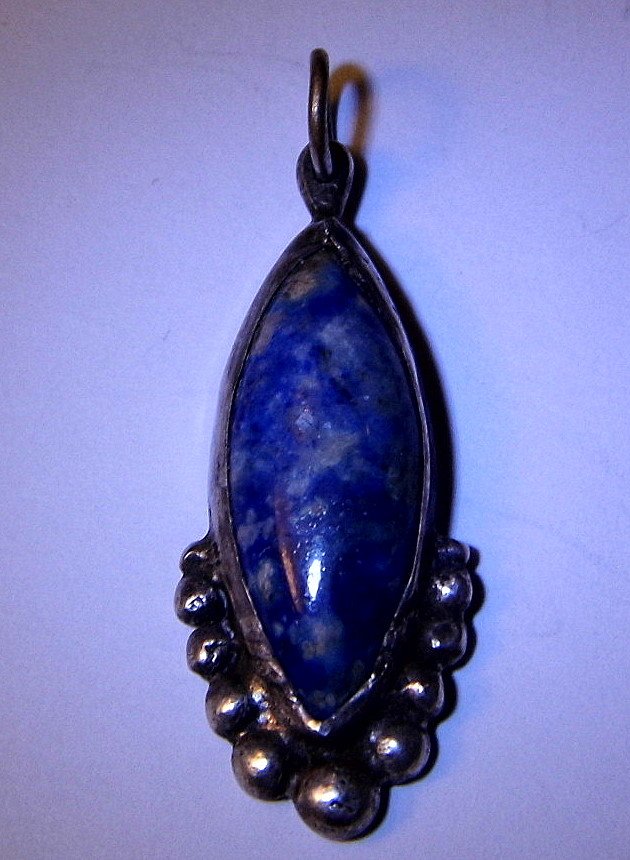 Antique Native American Lapis & Silver Necklace Pendant: No marks. Very old piece. Wear commensurate with age.