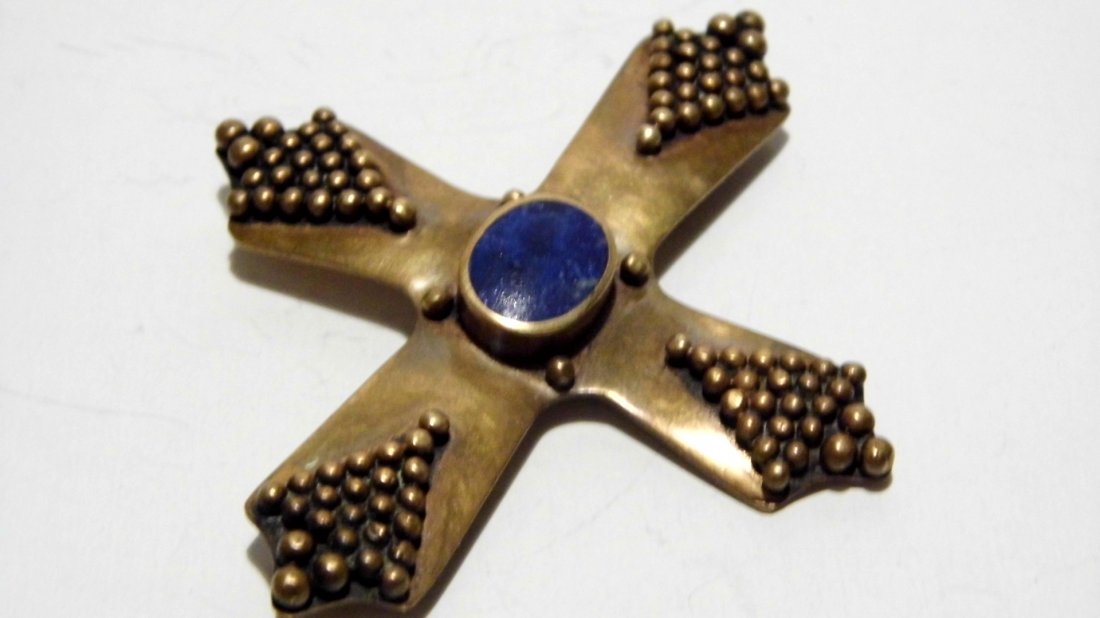Vintage Brass Lapis Lazuli Cross Brooch (1 of 5)
