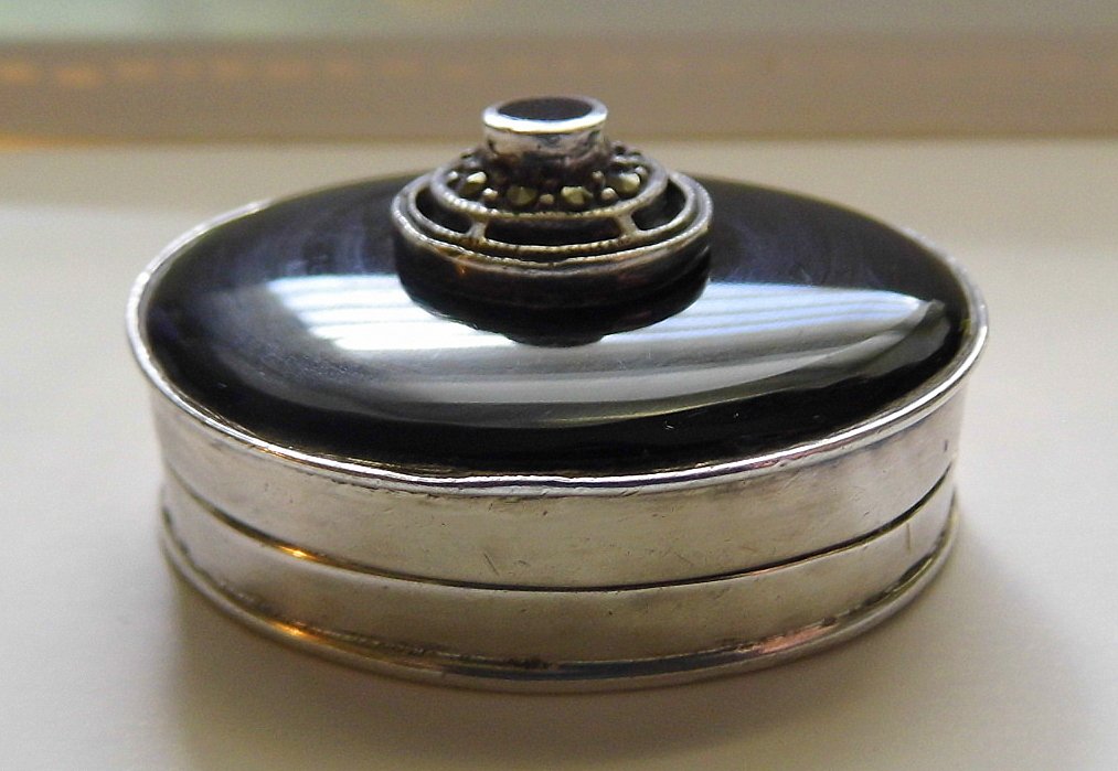 Fine Vintage Sterling Marcasite Onyx Pillbox Hallmarked: Very finely made piece. Marked 925 interior. Also another sterling mark and a hallmark exterior back of box.