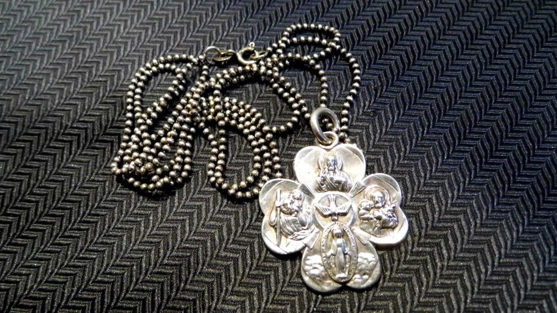 Vintage Sterling Silver Shamrock Cross Necklace: Intaglio depicts Jesus, Joseph, Mary and St Christopher. Sterling mark.