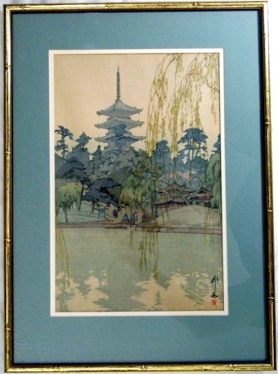 Hiroshi Yoshida b1876 Woodblock Print Sarusawa Pond: Hiroshi Yoshida 1876-1950 shin-hanga woodblock print. Impression is good. Color fair to good. Signed, Signed in cursive English script and with artist's Japanese character. Dated Showa 1933. Fine gold