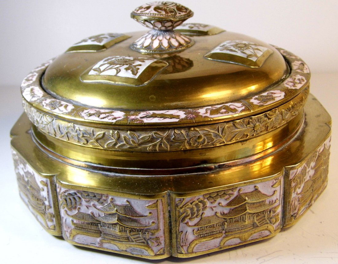 Pre-war Chinese Brass Enamel Porcelain Box Tea Caddy (1 of 10)