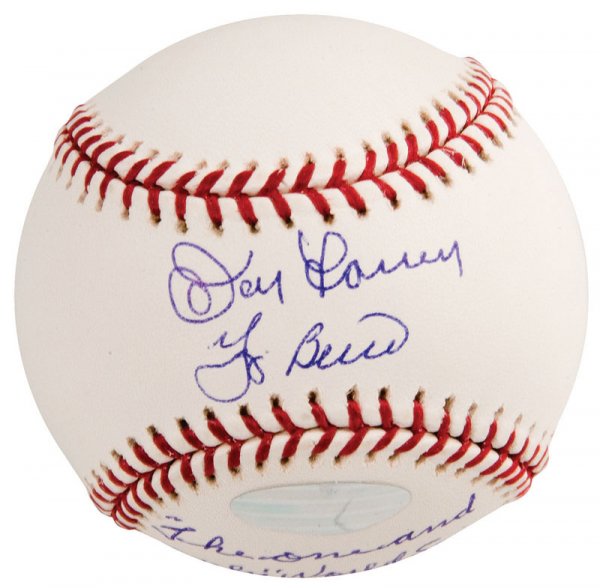 Yogi Berra & Don Larsen Dual-Signed Autographed Baseba: Yogi Berra & Don Larsen Dual-Signed Heavily Inscribed Yankees' 100th Anniversary Baseball This official Rawlings Yankees' 100th Anniversary baseball (Selig) has been signed by both Berra (10/10) and L
