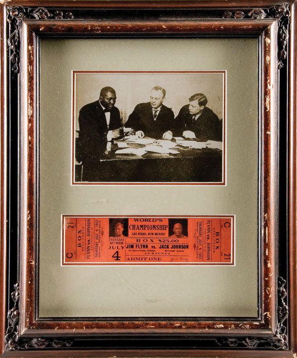 Jack Johnson vs. "Fireman" Jim Flynn Official Full: Jack Johnson vs. "Fireman" Jim Flynn Official Full Boxing Ticket and Antique Photo A beautiful official full ticket for the July 4, 1912 World Heavyweight Championship fight between Jack Johnson and "