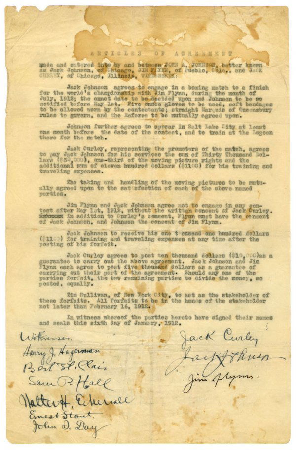 Jack Johnson vs. "Fireman" Jim Flynn Fight Boxing: Jack Johnson vs. "Fireman" Jim Flynn Fight Boxing Contract (1912) Jack Johnson was clearly one of the greatest heavyweight champions of all time. Perhaps he was the greatest. It did not come to him ea