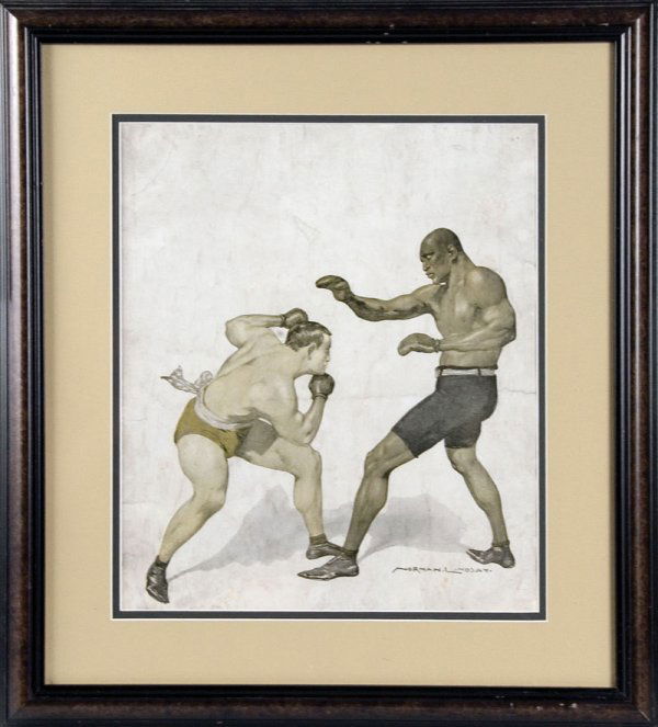Jack Johnson vs. Tommy Burns Original Boxing Artwo: Jack Johnson vs. Tommy Burns Original Boxing Artwork (1910) Jack Johnson, the first African American to win the World Heavyweight Title, literally followed champion Tommy Burns around the world to get