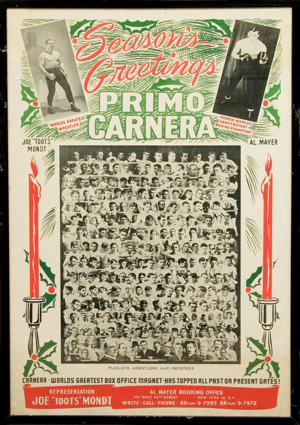Primo Carnera Christmas Boxing Poster (1940s): Primo Carnera Christmas Boxing Poster (1940s) Primo Carnera, "The Ambling Alp," won the World Heavyweight title in 1933 stopping Jack Sharkey in six rounds. He held the title for a year before losing