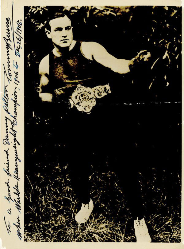 Tommy Burns Autographed BoxingPhoto: Tommy Burns Autographed BoxingPhoto A beautiful photograph of former heavyweight champion Tommy Burns, the man who lost his title to Jack Johnson. He boldly signed and inscribed the 8" x 10" photograp
