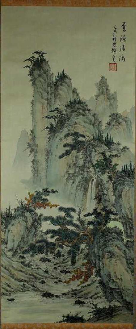 Chinese Scroll Painting on Paper: Chinese Scroll Painting on Paper of mountains and trees. Hight: 40 Inches, Wideth: 17 Inches.