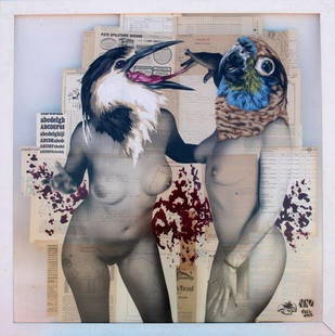 VINZ FEEL FREE: (Espagnol, né en 1979) Remember your pills, 2014 Gouache et encre sur collage de papier ancien encapsuler dans du méthacrylate, signé et tampon de l’artiste en bas à droite Gouache