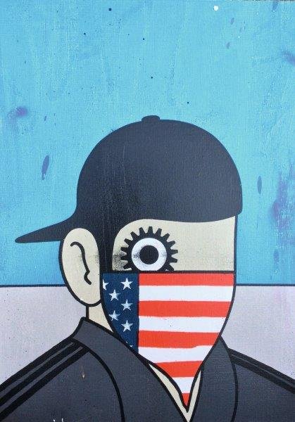 PAUL INSECT (Britannique, nÃ© en 1971): Clockwork USA - Blue, 2012 Acrylique et peinture aÃ©rosol sur toile, datÃ©e, numÃ©rotÃ©e 1/4 , dÃ©dicacÃ©e " To Edgar Davids on the head" et signÃ©e au dos Acrylic and spray paint on can