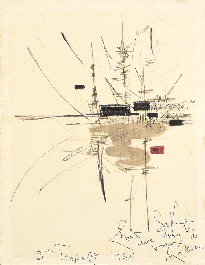 Georges MATHIEU (1921-2012): Georges MATHIEU (1921-2012) UNTITLED, 1966 Ink and watercolor on paper, signed, dedicated, located Saint Paul and dated lower right 12.2 x 9.4 in -31 x 24 cm Provenance: • Gift from the artist to th