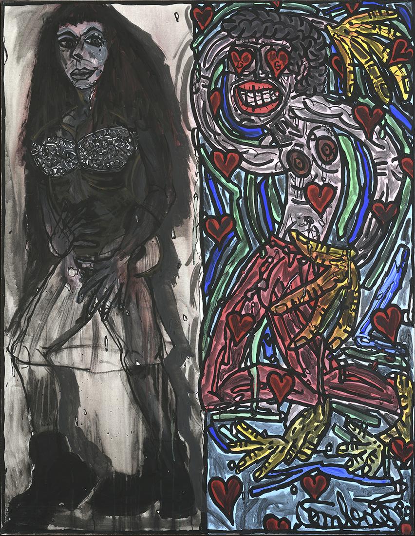 Robert COMBAS (born in 1957): Robert COMBAS (born in 1957) GENEVIEVE ET ROBERT, 1988 , Genevieve on the left and Robert on the right Mixed media on canvas, dated and signed lower right <b