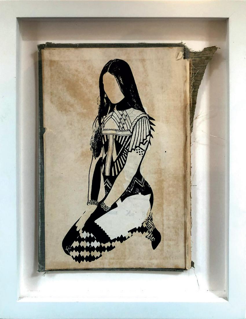 FAILE (American et Canadien, born in 1975 and 1976): FAILE (Américain et Canadien, nés en 1975 et 1976) Wander,2011 Encre, sérigraphie et collage sur couverture de livre Silkscreen, ink and collage on found Book Cover 21 x 14 cm – 8.3 x 5.5 in Expo