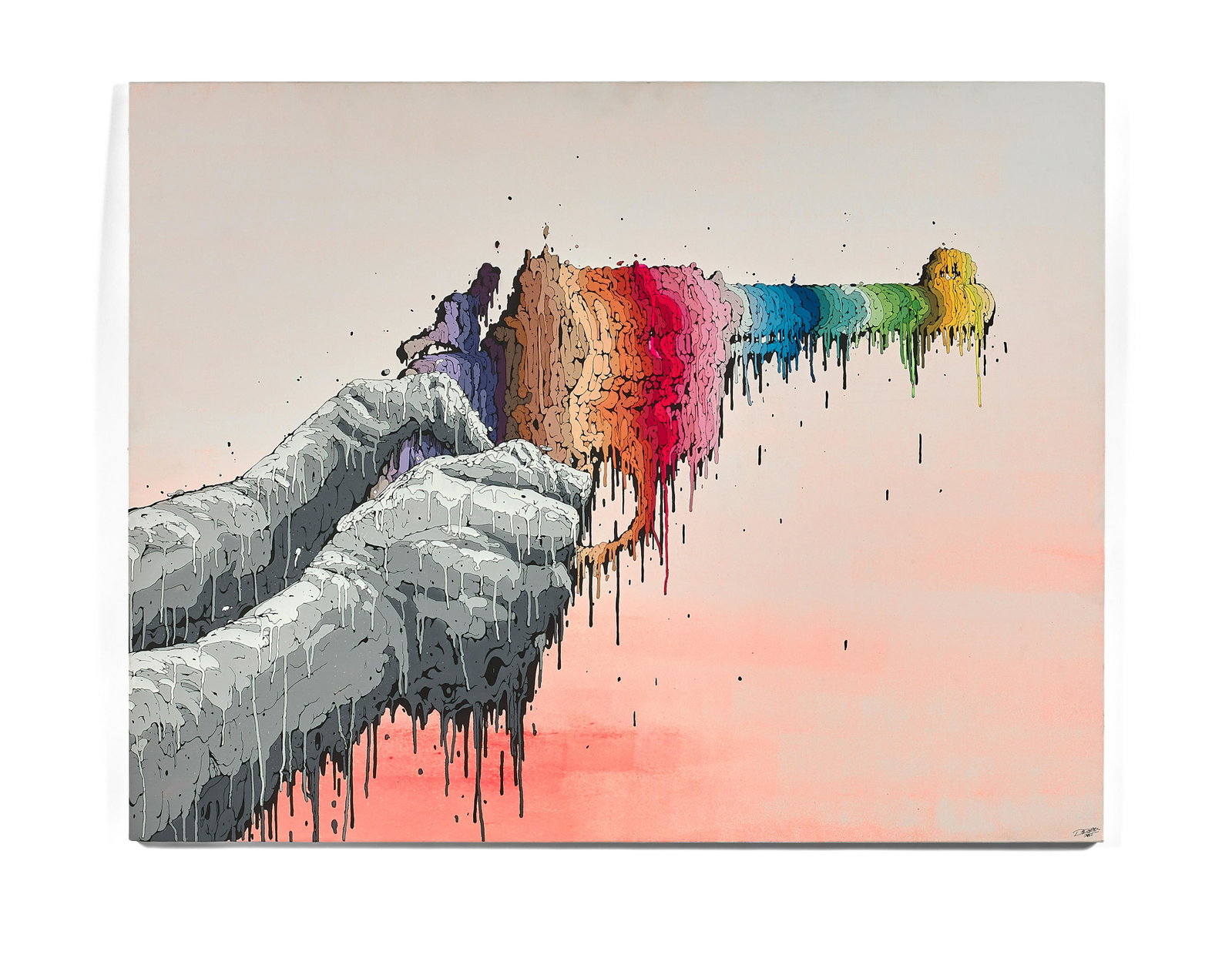 BRUSK (French, born in 1976): BRUSK (Français, né en 1991) The gun with the big gun, 2015 Peinture aerosol sur toile, datée et signée en bas à droite Spray paint on canvas, dated and signed lower right 114 x 146 cm? - 44.8 x 