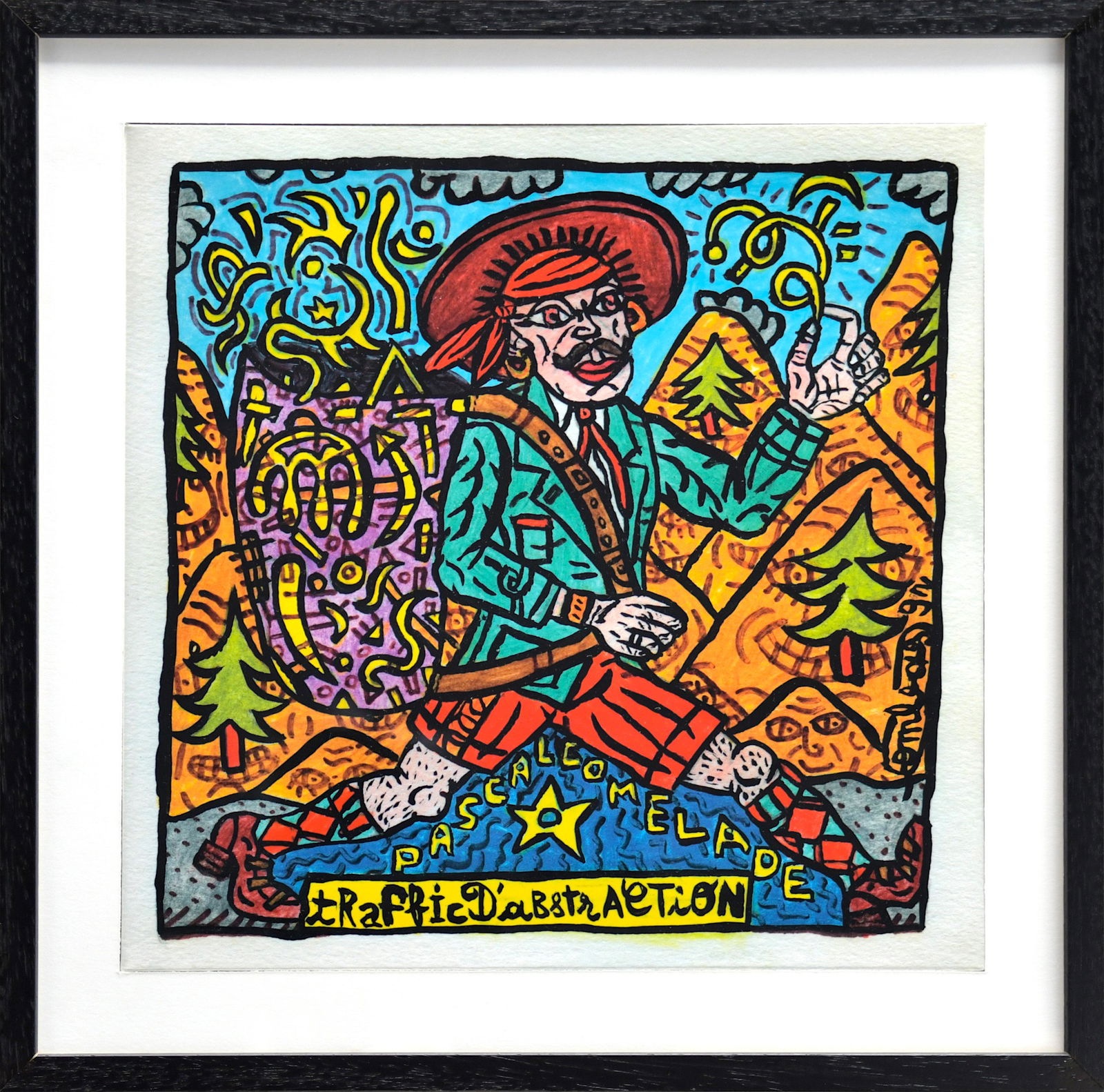 ROBERT COMBAS (Français, né en 1957): Pascal Comelade, Traffic d'Abstraction, 2015.Coloured offset print on sleeve with vinyl disc 33rpm and CR-rom. Limited Edition of 500 copies. Numbered.Framed