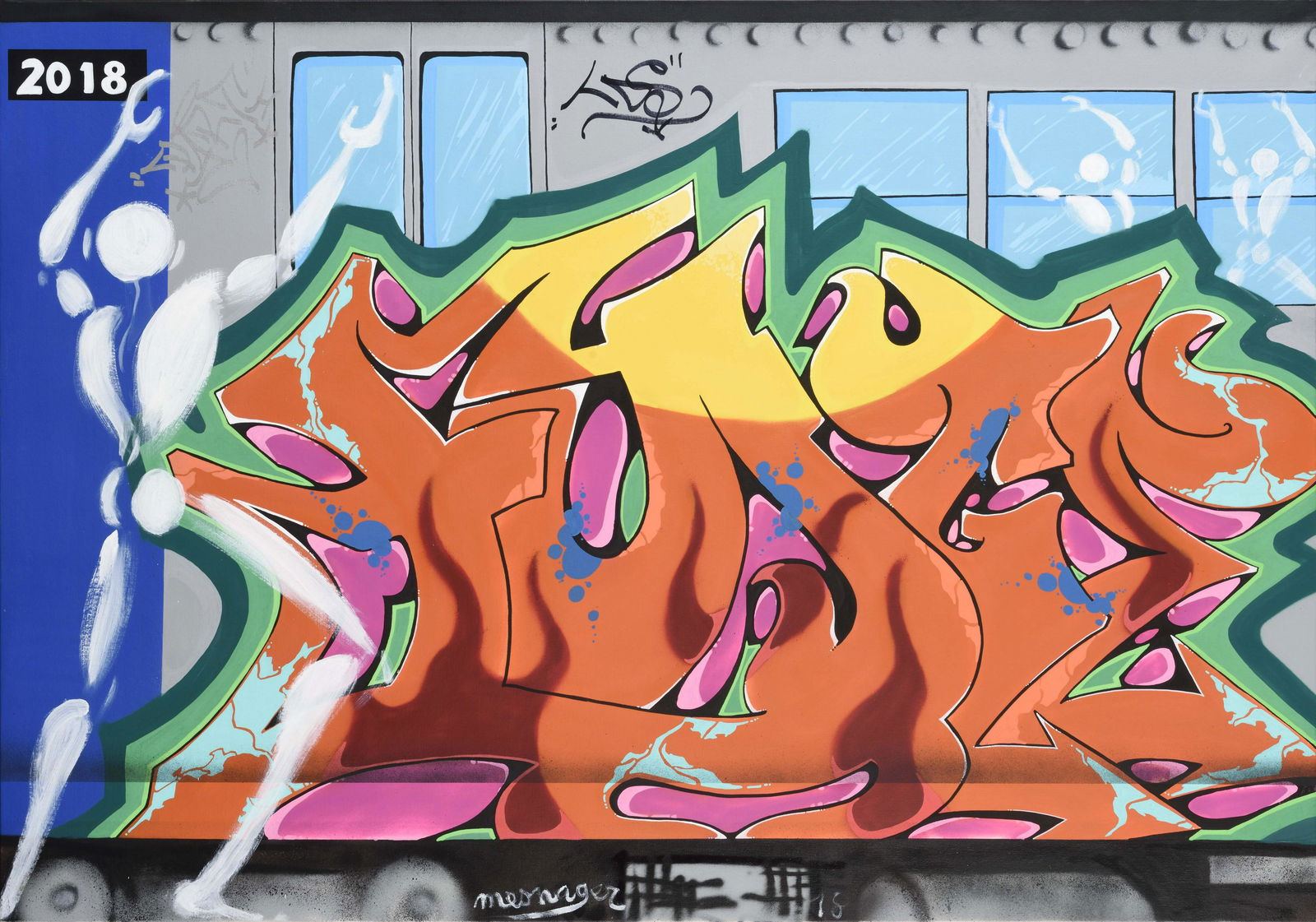 JEROME MESNAGER (French, born in 1961) et PART ONE (American, born in 1959): JEROME MESNAGER (French, born in 1961) et PART ONE (American, born in 1959) Untitled, 2018Mixed media on canvas, dated and signed Mesnager lower center and Part1 upper left 43.3 x 63 in