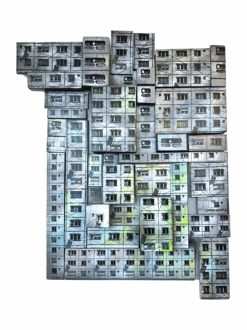 JANA & JS: JANA & JSReconstitution de Facade nÂ°9, 2010Spray paint and stencil on assembled wooden panel, signed lower right, titled, dated and signed on the reverse 47.2 x 37.4 in