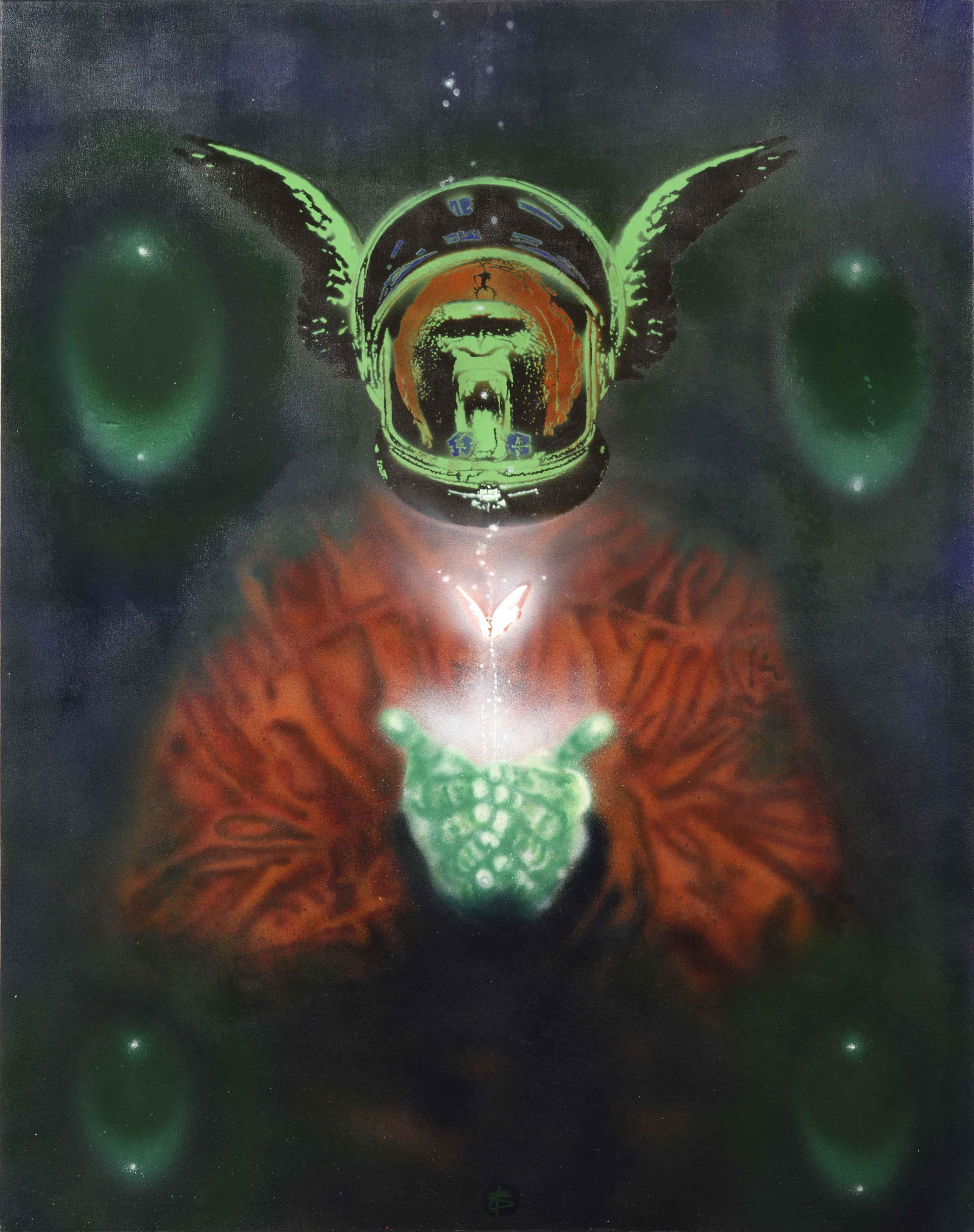 Nick WALKER (English, born in 1969): Nick WALKER (English, born in 1969) Apish Angel â€“Angel and the Butterfly, 2000 Spray paint and stencil on canvas, signed with the artist logogram lower center 59.8 x 47.2 in Provenance: The Bla