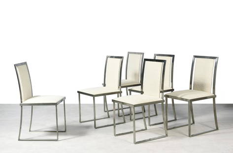 MICHEL MANGEMATIN (Born in 1928): MICHEL MANGEMATIN (Born in 1928) Set of six chairs in metal, upholstered with woolen fabric with loop 117 Ã— 42 Ã— 46 cm